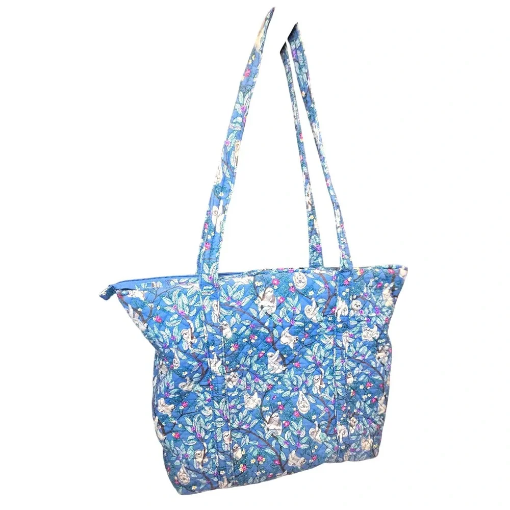 Vera Bradley Sloth Picnic Quilted Cotton Tote Bag Blue Floral Animal Monogram AL